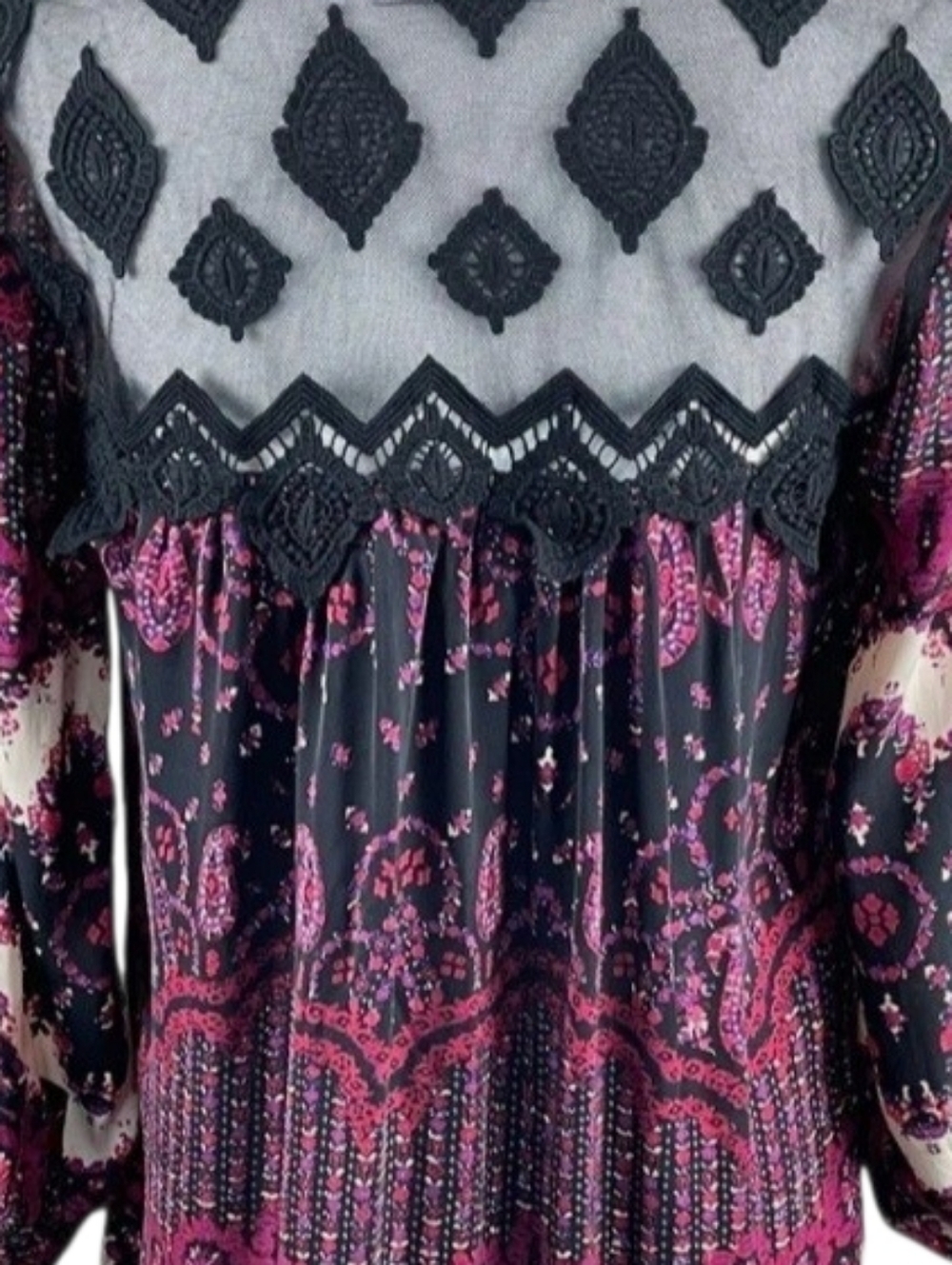 Gypsy 05 Silk Boho Pink Black Paisley Floral V-neck Mini Dress Lace Back Size S. - Picture 8 of 14